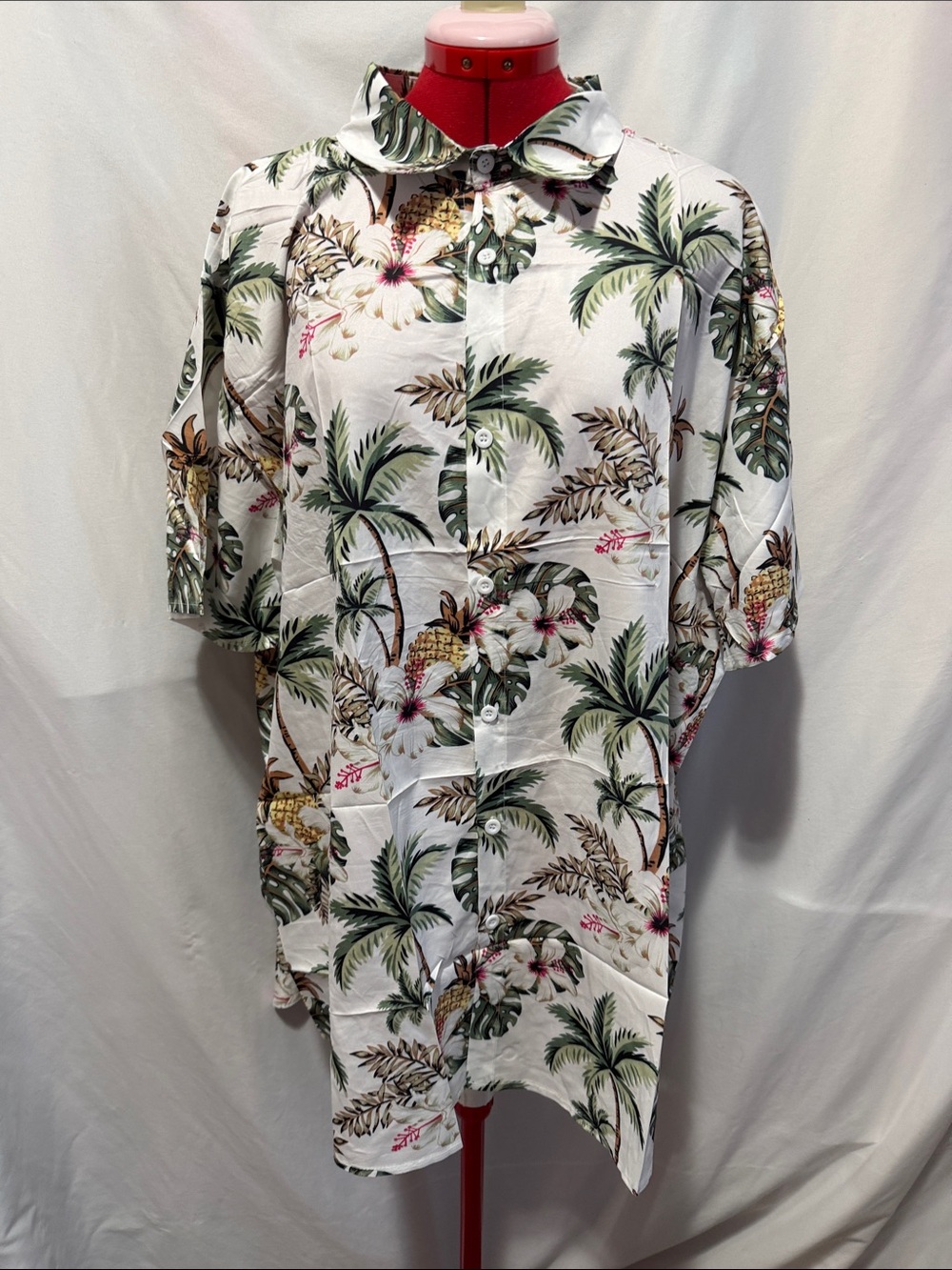 Casual White Tropical Palm-Print Button-Down Shirt